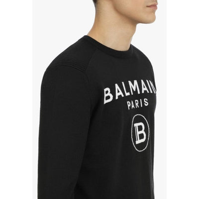 Pullover nero in lana con logo Balmain bianco ricamato - Diamond Plug Outlet